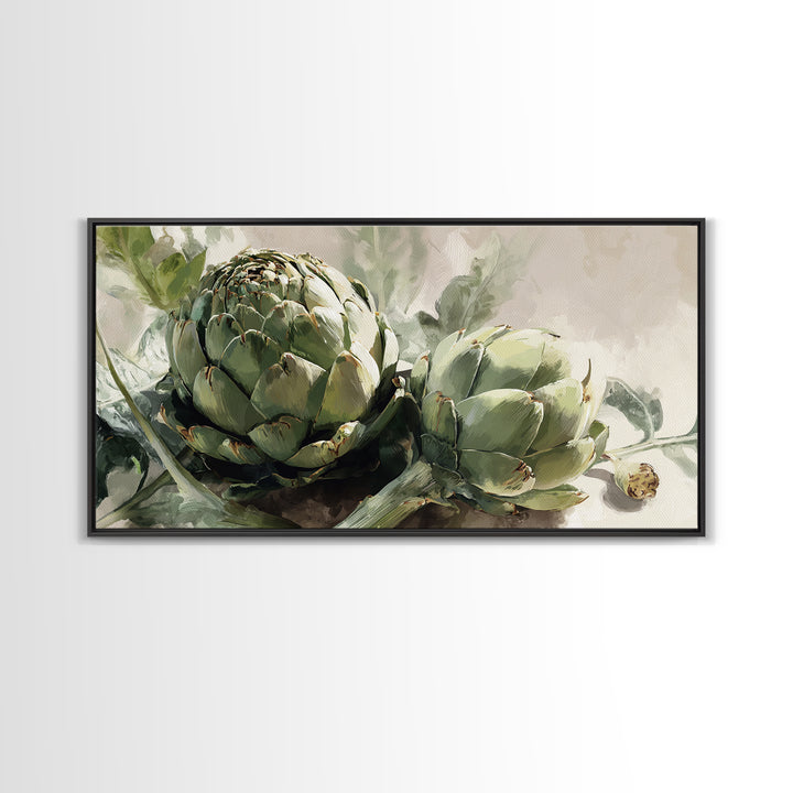 Artichoke Closeup in Painterly Green Tones Framed Canvas Print, Kitchen Art, Kitchen Wall Art, Kitchen Decor, Fine Art, Kitchen, KIT-2x1-88