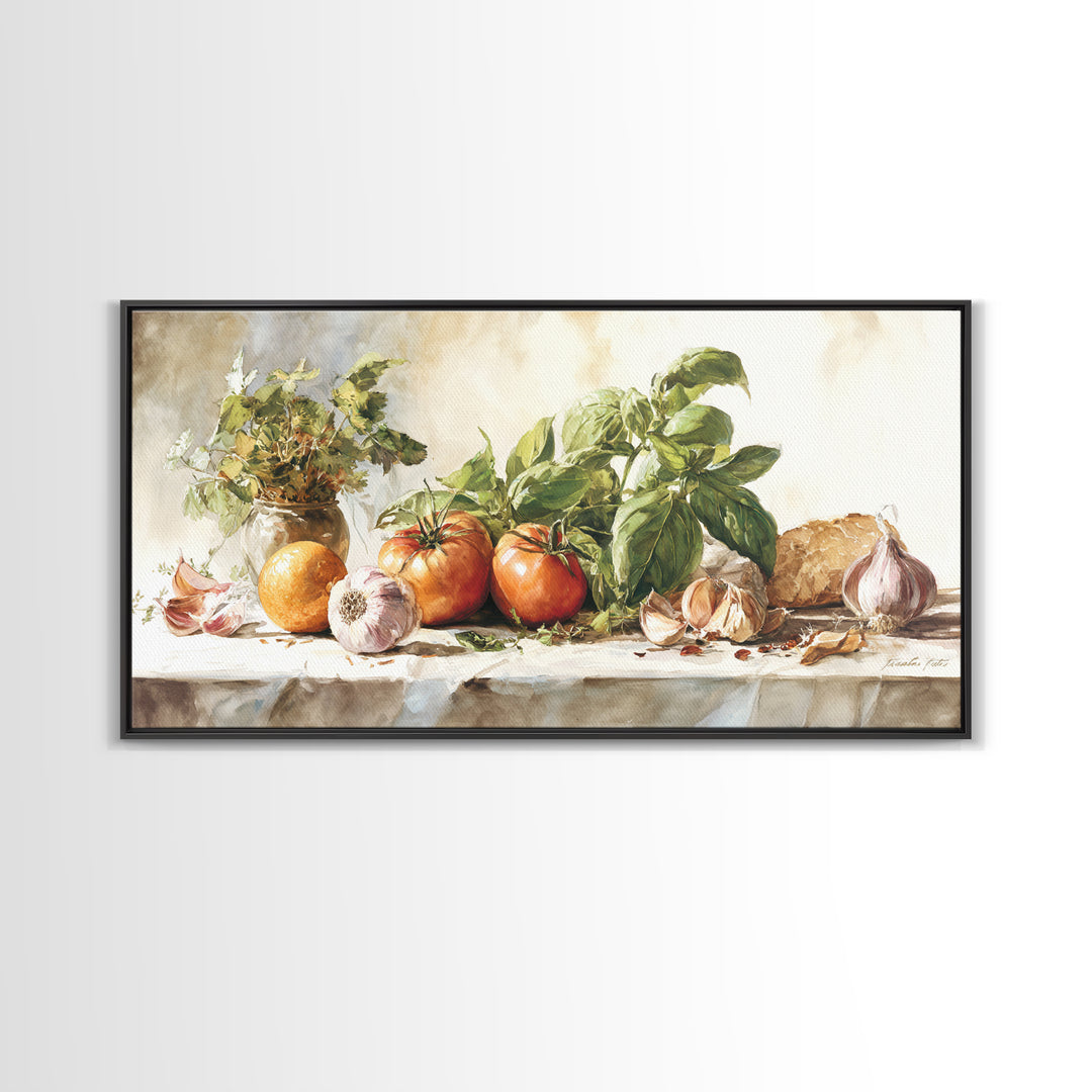 Tomatoes Garlic and Basil on Linen Framed Canvas Print, Kitchen Art, Kitchen Art Print, Kitchen Decor, Fine Art, Kitchen, KIT-2x1-95