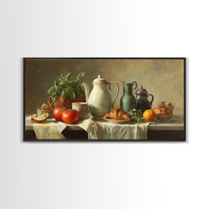 Coffee Pot and Croissant Morning Still Life Framed Canvas Print, Kitchen Art, Printable Art, Kitchen Decor, Fine Art, Kitchen, KIT-2x1-99