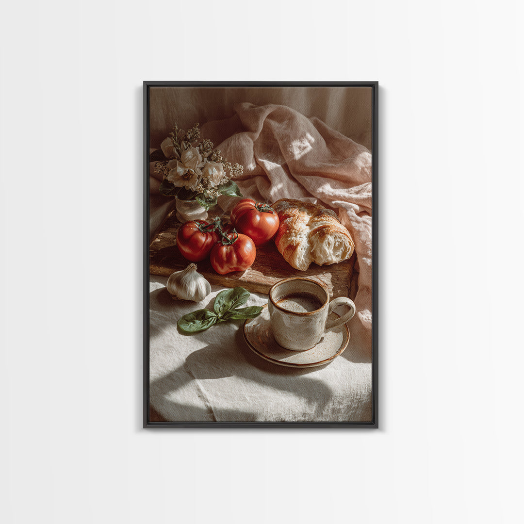 Tomatoes Garlic and Basil on Linen Canvas Print, Kitchen Art, Bar Cart Decor, Kitchen Decor, Kitchen, Minimalist Decor, KIT-2x3-11