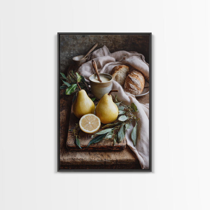 Farmhouse Pears on a Wooden Board Framed Canvas Print, Kitchen Art, Wall Decor, Kitchen Decor, Abstract Art, Kitchen, KIT-2x3-17
