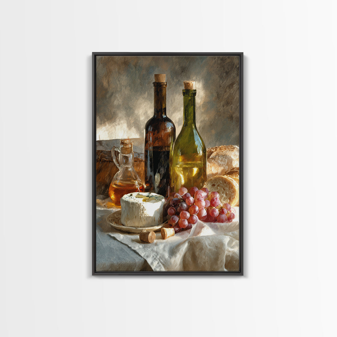 Wine Bottle Grapes and Cheese Still Life Framed Canvas Print, Kitchen Art, Print, Kitchen Decor, Oil Painting, Kitchen, KIT-2x3-20