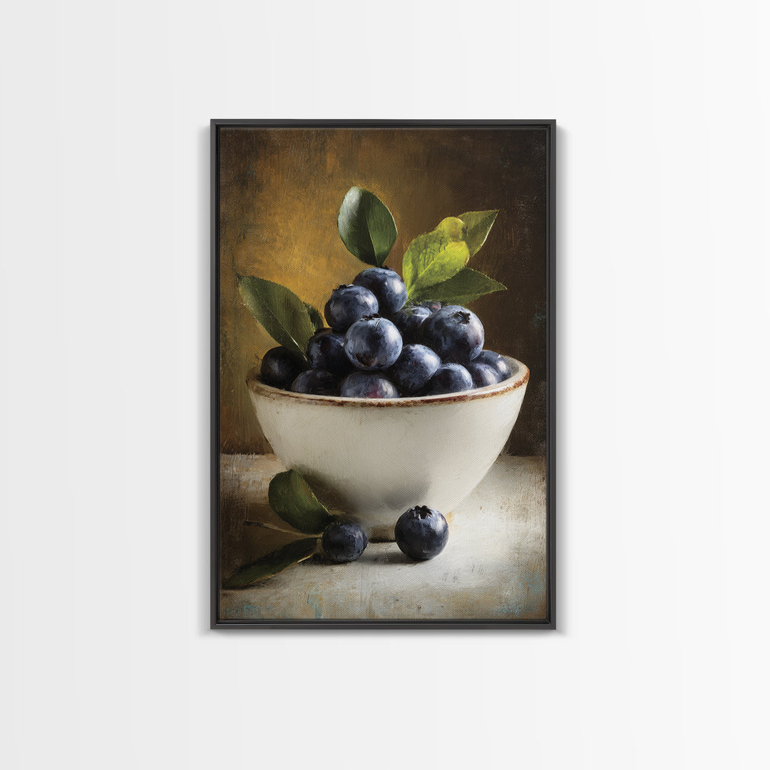 Blueberries in a White Bowl Framed Canvas Print, Kitchen Art, Coffee Print, Kitchen Decor, Fine Art, Kitchen, Textured Painting, KIT-2x3-3