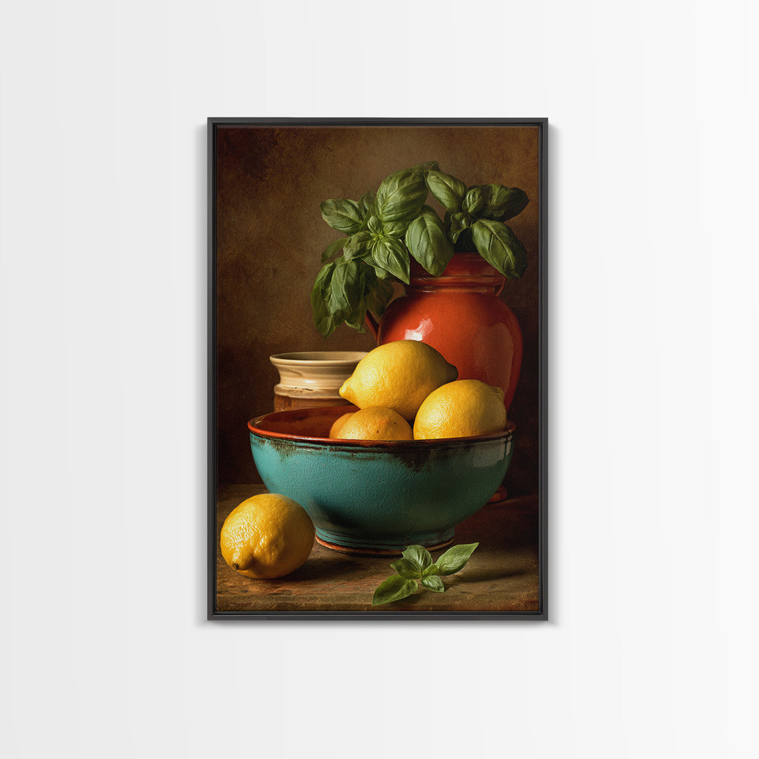 Lemons and Blue Ceramic Bowl Still Life Framed Canvas Print, Kitchen Art, Contemporary Art, Kitchen Decor, Fine Art, Kitchen, KIT-2x3-34