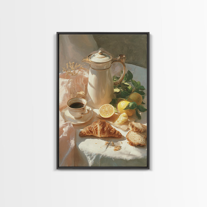 Coffee Pot and Croissant Morning Still Life Canvas Print, Kitchen Art, Minimalist Decor, Kitchen Decor, Fine Art, Kitchen, KIT-2x3-39