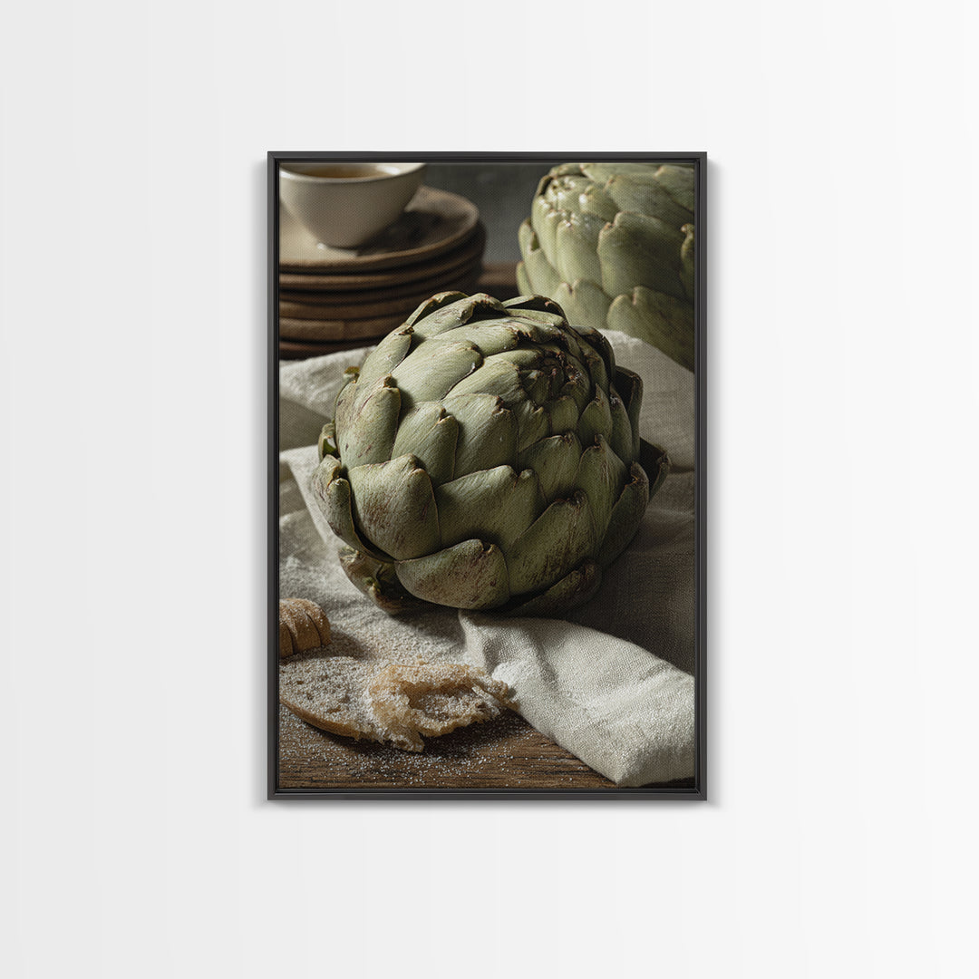 Artichoke Closeup in Painterly Green Tones Framed Canvas Print, Kitchen Art, Statement Artwork, Kitchen Decor, Kitchen, KIT-2x3-4