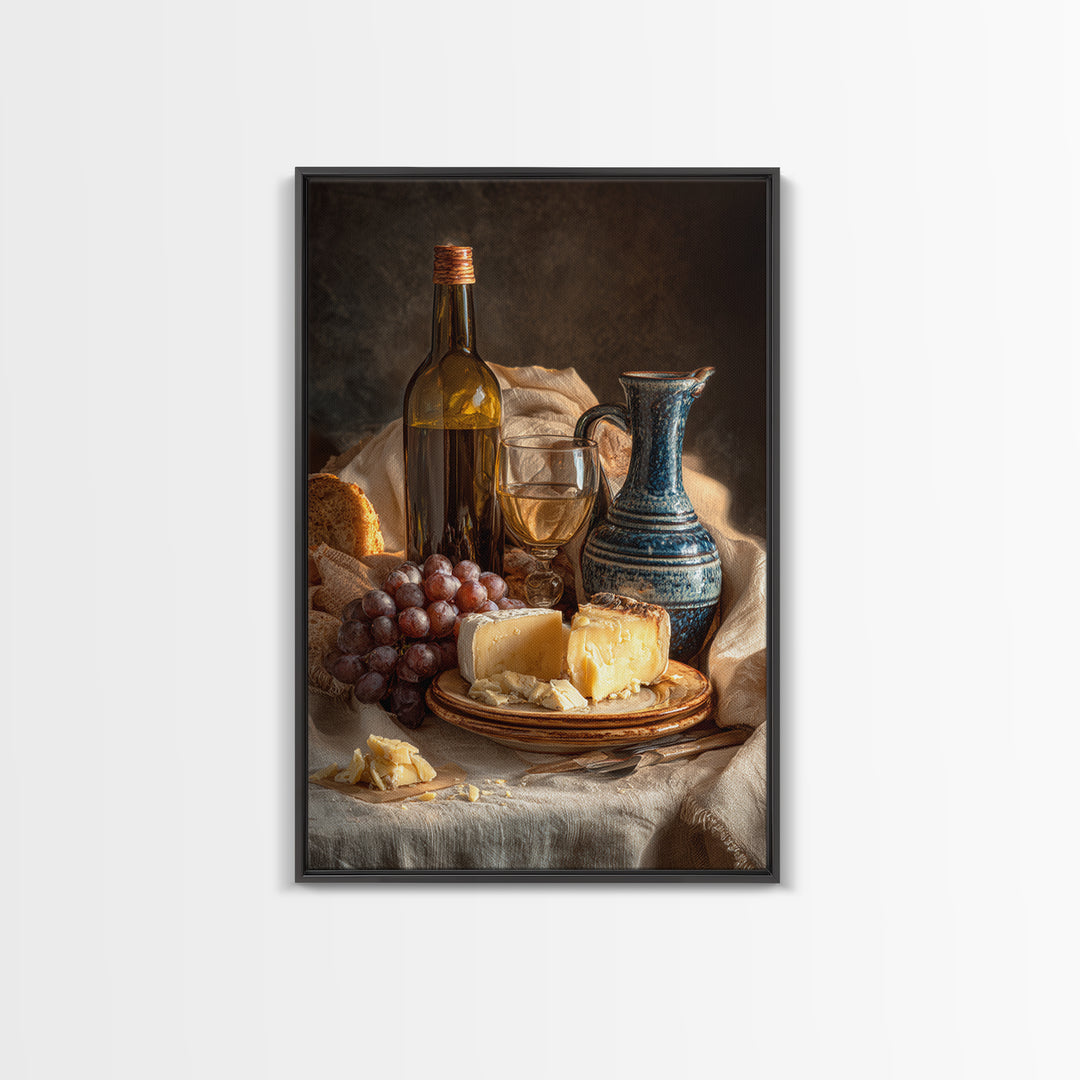 Wine Bottle Grapes and Cheese Still Life Framed Canvas Print, Kitchen Art, Kitchen Art Print, Kitchen Decor, Watercolor Art, KIT-2x3-44
