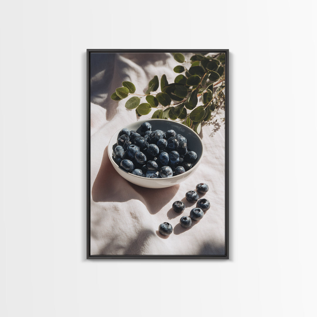 Blueberries in a White Bowl Framed Canvas Print, Kitchen Art, Room Decor, Kitchen Decor, Oil Painting, Kitchen, Digital Art, KIT-2x3-51