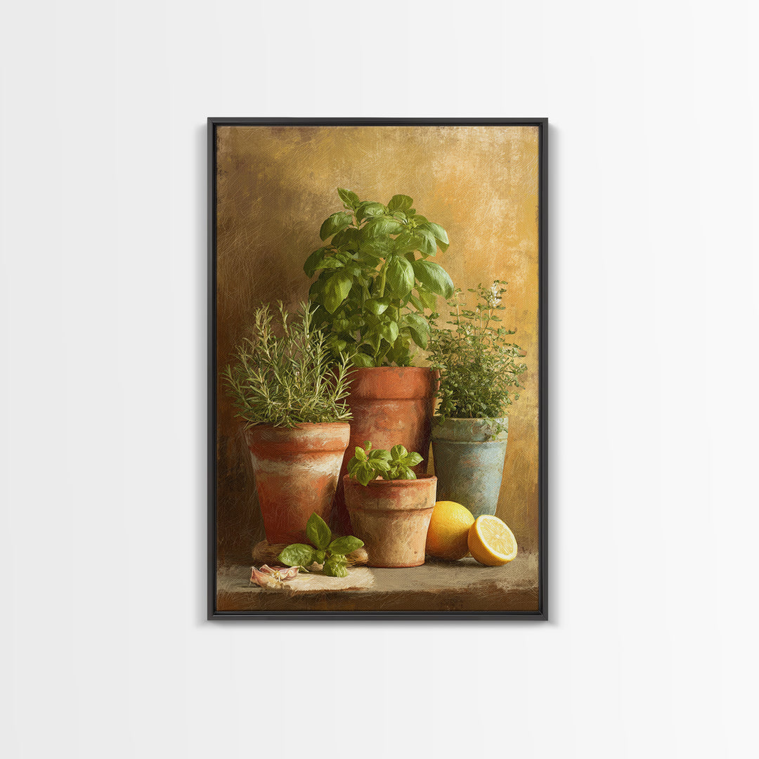 Fresh Herbs in Terracotta Pots Canvas Print, Kitchen Art, Digital Print, Kitchen Decor, Oil Painting, Kitchen, Kitchen Print, KIT-2x3-57