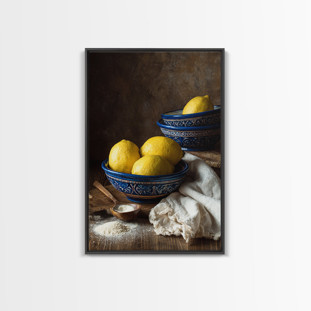 Lemons and Blue Ceramic Bowl Still Life Canvas Print, Kitchen Art, Prints, Kitchen Decor, Fine Art, Kitchen, Kitchen Wall Decor, KIT-2x3-58