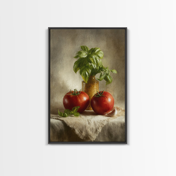 Tomatoes Garlic and Basil on Linen Framed Canvas Print, Kitchen Art, Kitchen, Kitchen Decor, Abstract Art, Kitchen, KIT-2x3-59
