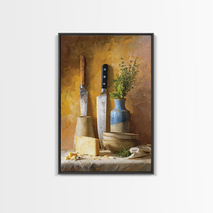 Chef Knives and Herbs Arranged as Graphic Canvas Print, Kitchen Art, Home Decor, Kitchen Decor, Oil Painting, Kitchen, KIT-2x3-66