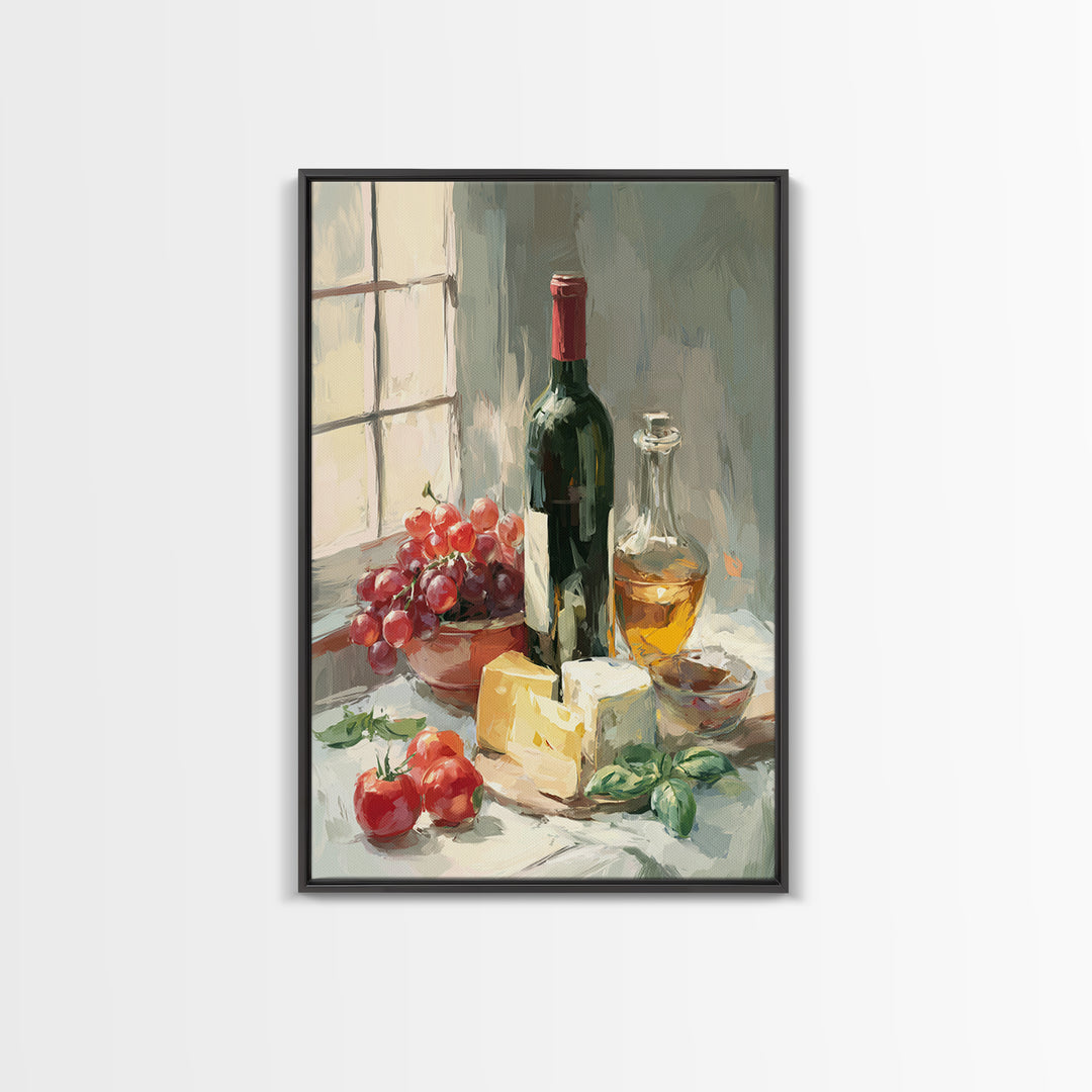 Wine Bottle Grapes and Cheese Still Life Framed Canvas Print, Kitchen Art, Digital Art, Kitchen Decor, Fine Art, Kitchen, KIT-2x3-68