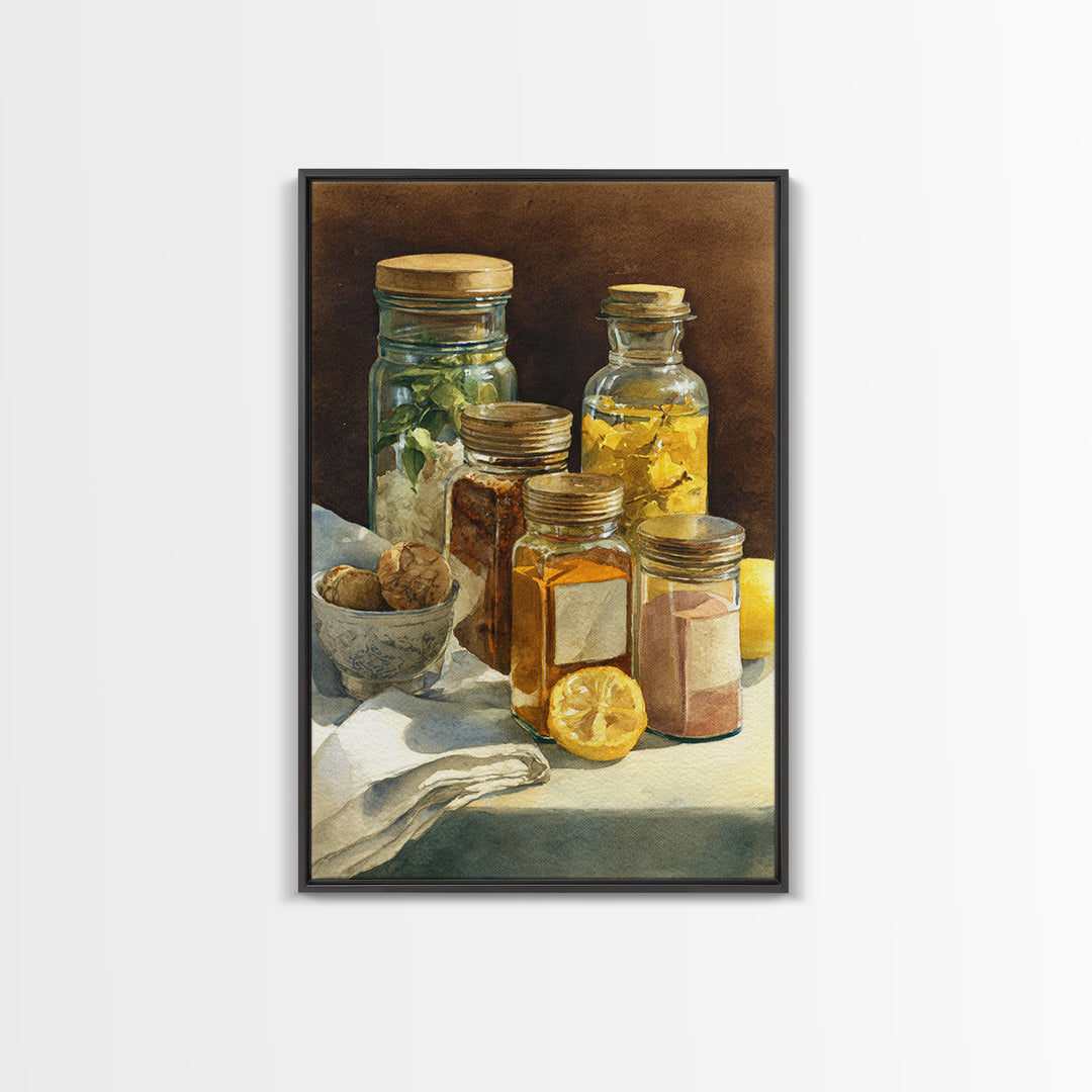 Watercolor Spice Jars Without Readable Labels Framed Canvas Print, Kitchen Art, Art Deco, Kitchen Decor, Fine Art, Kitchen, KIT-2x3-69
