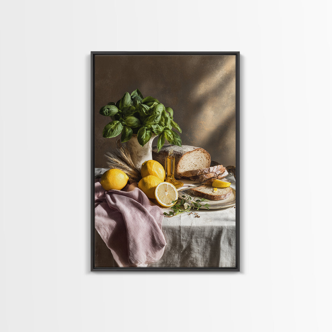 Pasta Lemons and Basil Mediterranean Still Life Framed Canvas Print, Kitchen Art, Kitchen Decor, Kitchen, Trendy Wall Art, KIT-2x3-73