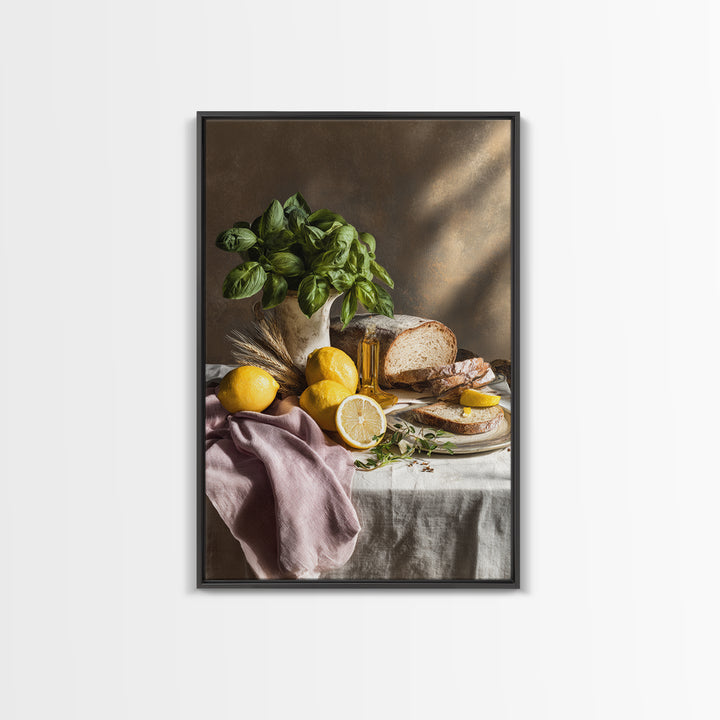 Pasta Lemons and Basil Mediterranean Still Life Framed Canvas Print, Kitchen Art, Kitchen Decor, Kitchen, Trendy Wall Art, KIT-2x3-73