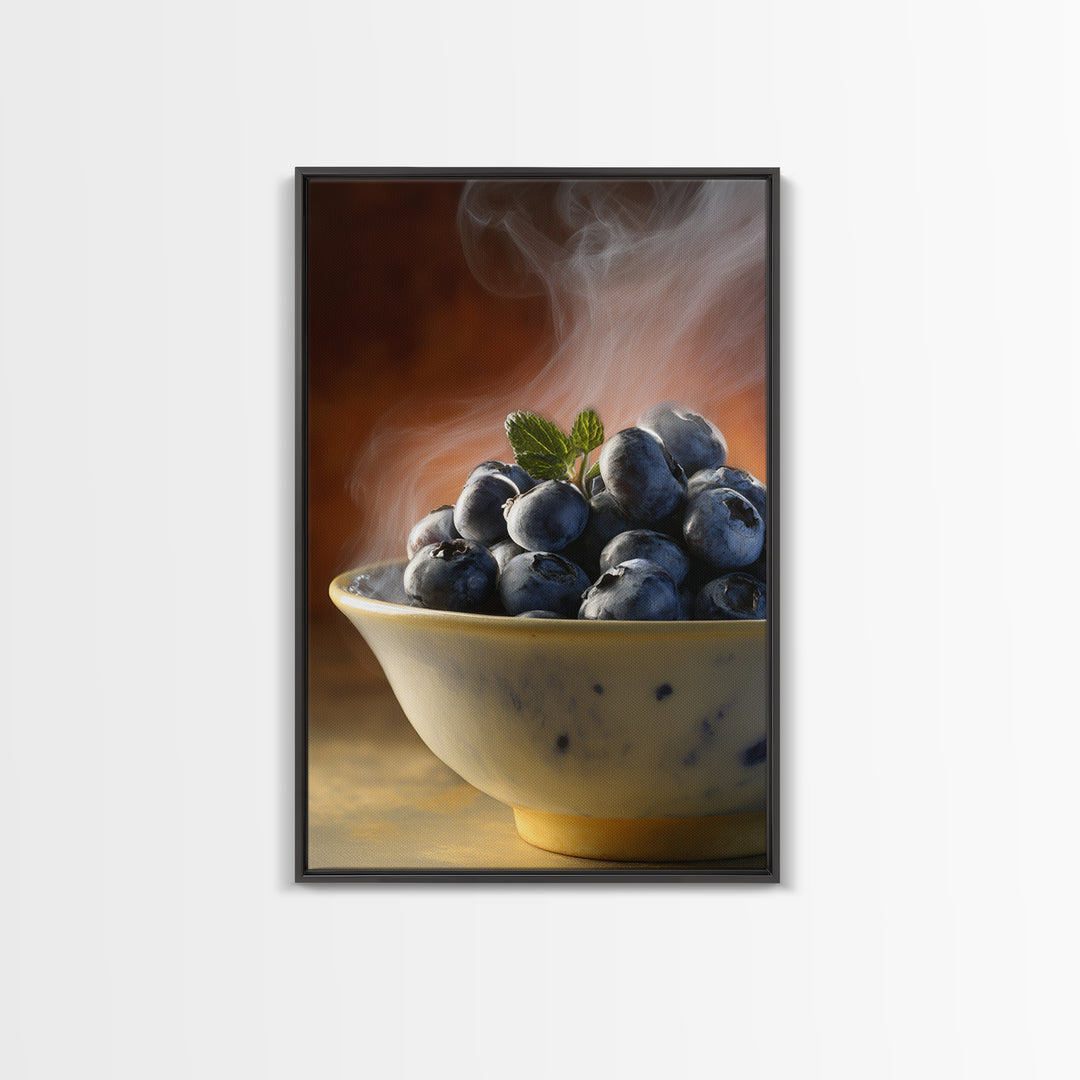 Blueberries in a White Bowl Framed Canvas Print, Kitchen Art, Art Prints, Kitchen Decor, Fine Art, Kitchen, Modern Art, KIT-2x3-75
