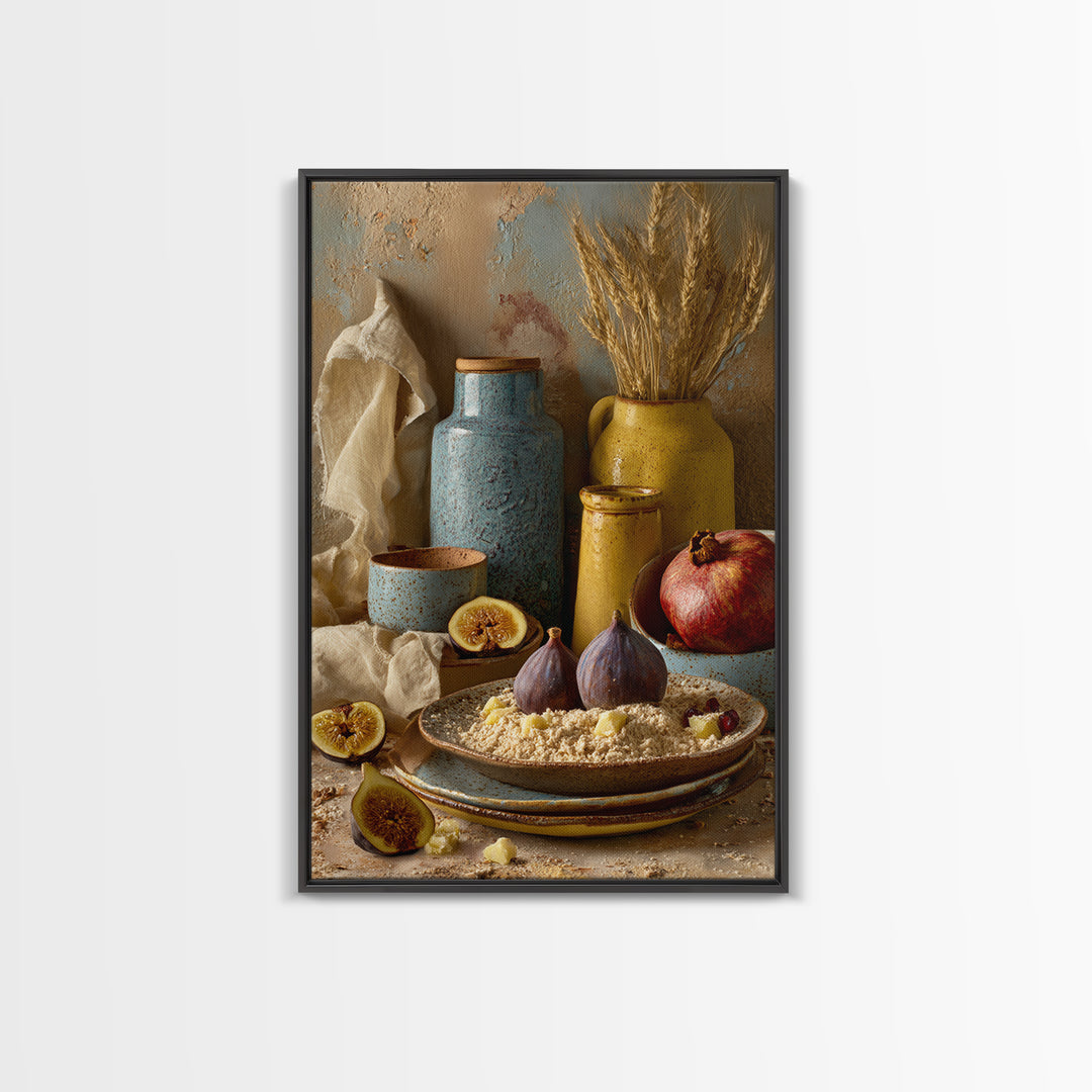 Figs Pomegranates and Linen Composition Framed Canvas Print, Kitchen Art, Wall Decor, Kitchen Decor, Abstract Art, Kitchen, KIT-2x3-78