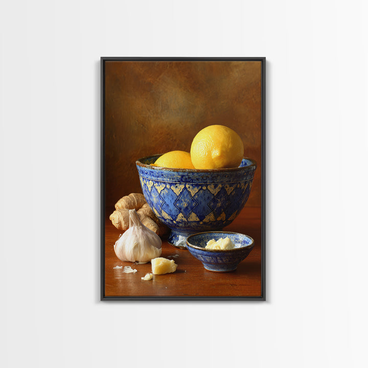 Lemons and Blue Ceramic Bowl Still Life Canvas Print, Kitchen Art, Prints, Kitchen Decor, Fine Art, Kitchen, Kitchen Wall Decor, KIT-2x3-82