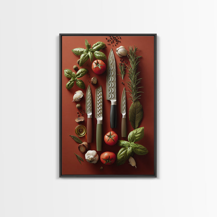 Chef Knives and Herbs Arranged as Graphic Framed Canvas Print, Kitchen Art, Art Prints, Kitchen Decor, Fine Art, Kitchen, KIT-2x3-90