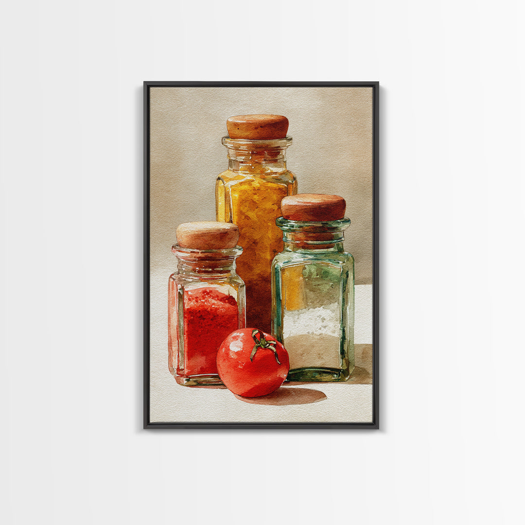 Watercolor Spice Jars Without Readable Labels Framed Canvas Print, Kitchen Art, Art Deco, Kitchen Decor, Fine Art, Kitchen, KIT-2x3-93