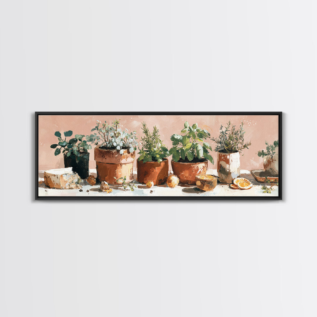 Fresh Herbs in Terracotta Pots Framed Canvas Print, Kitchen Art, Kitchen Wall Decor, Kitchen Decor, Fine Art, Kitchen, KIT-3x1-17