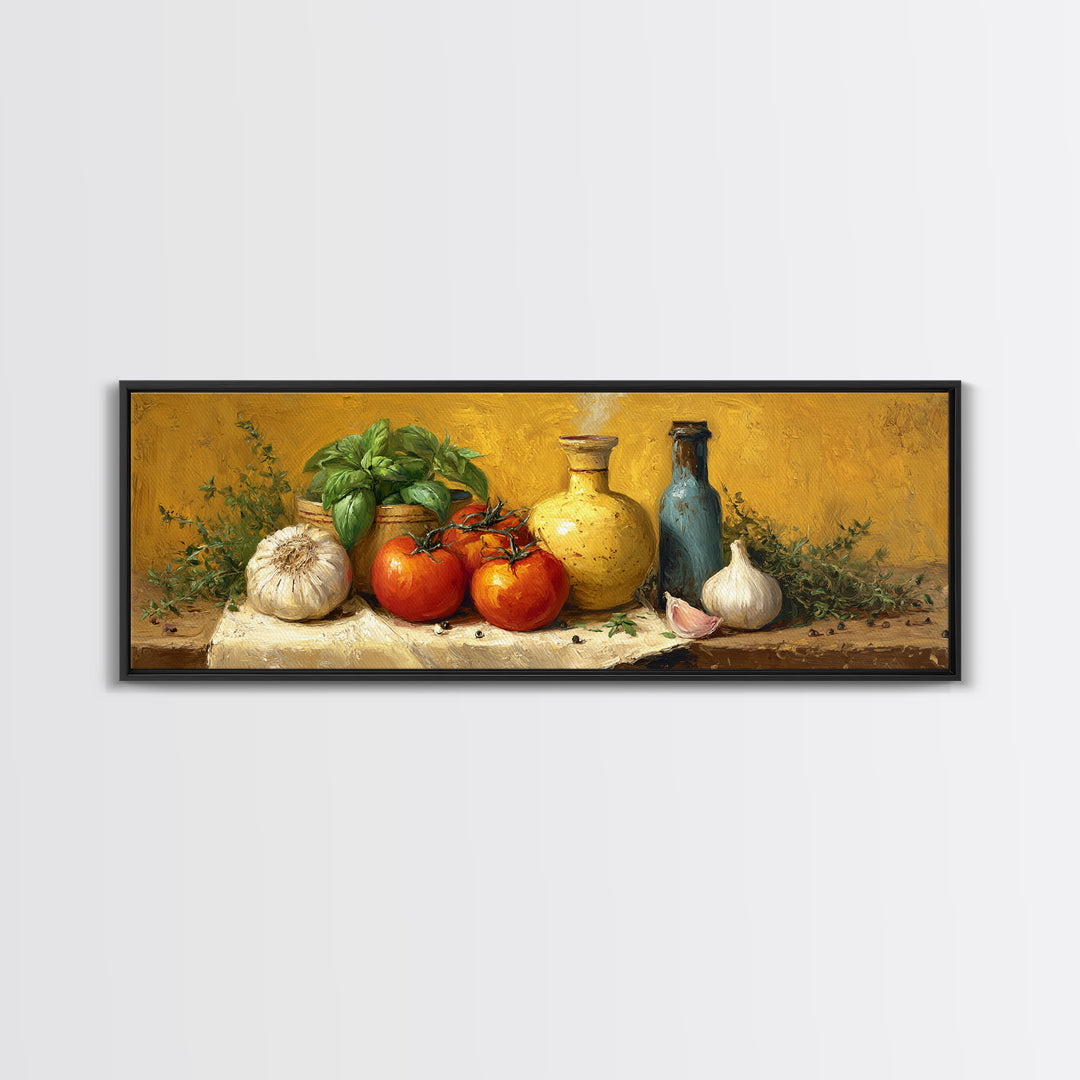 Tomatoes Garlic and Basil on Linen Canvas Print, Kitchen Art, Statement Artwork, Kitchen Decor, Abstract Art, Kitchen, KIT-3x1-19