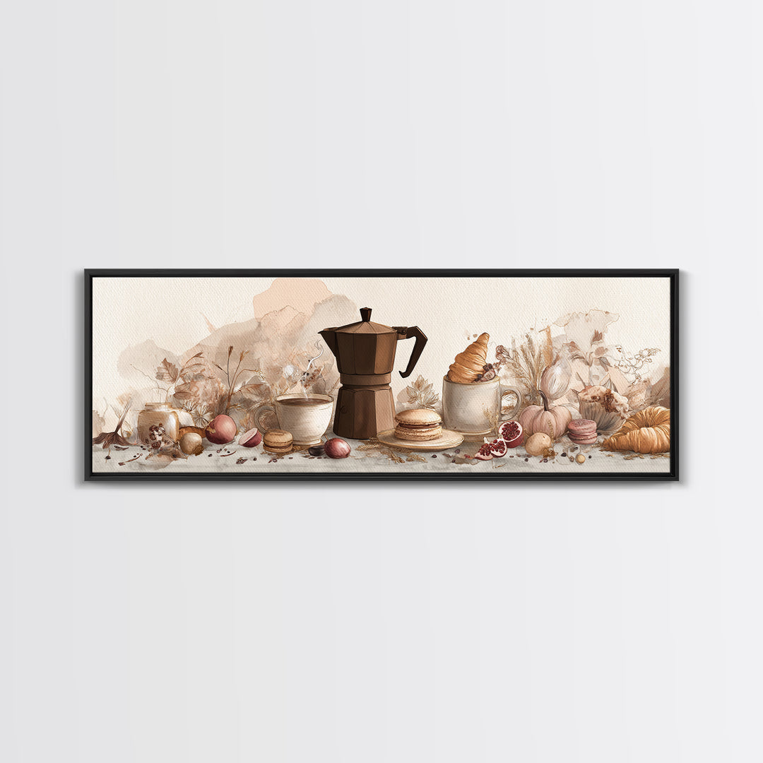 Coffee Pot and Croissant Morning Still Life Framed Canvas Print, Kitchen Art, Boho Decor, Kitchen Decor, Fine Art, Kitchen, KIT-3x1-23