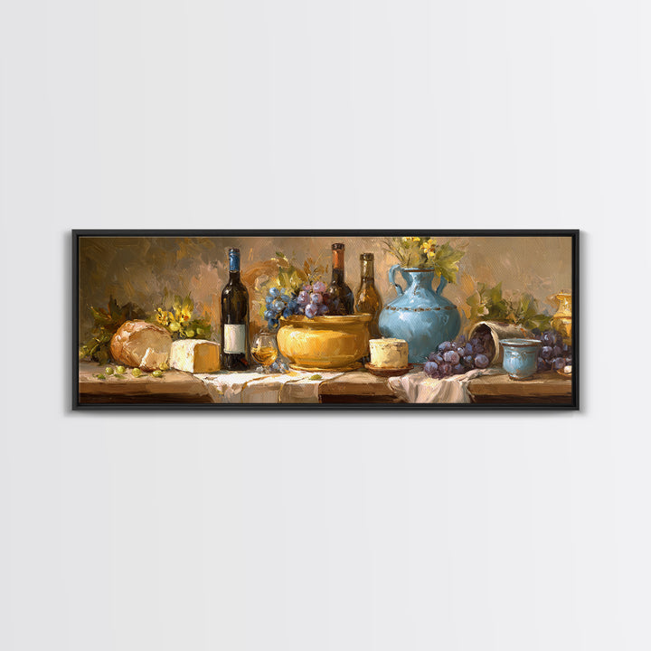 Wine Bottle Grapes and Cheese Still Life Framed Canvas Print, Kitchen Art, Coffee Print, Kitchen Decor, Oil Painting, Kitchen, KIT-3x1-28