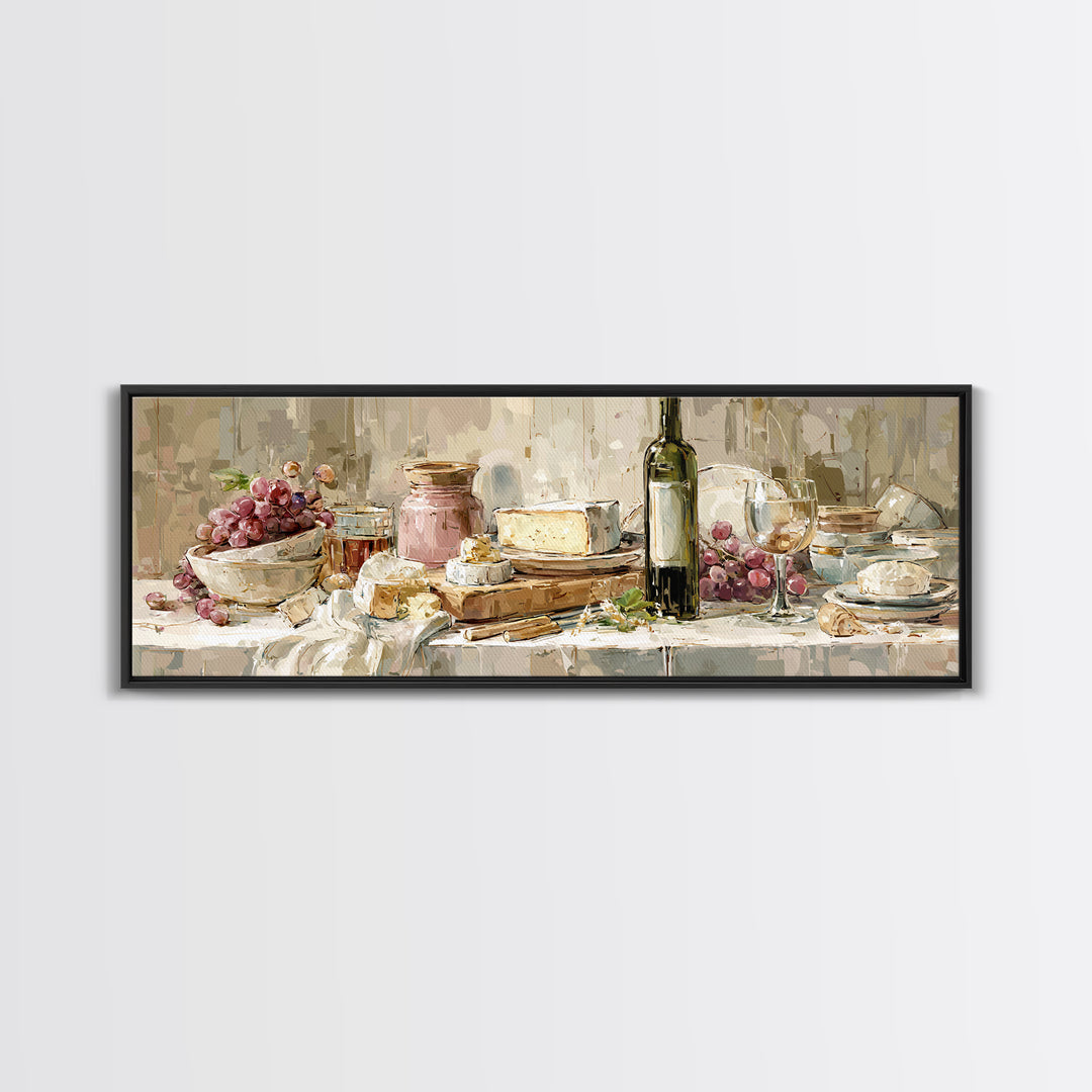 Wine Bottle Grapes and Cheese Still Life Canvas Print, Kitchen Art, Kitchen Prints, Kitchen Decor, Watercolor Art, Kitchen, KIT-3x1-4