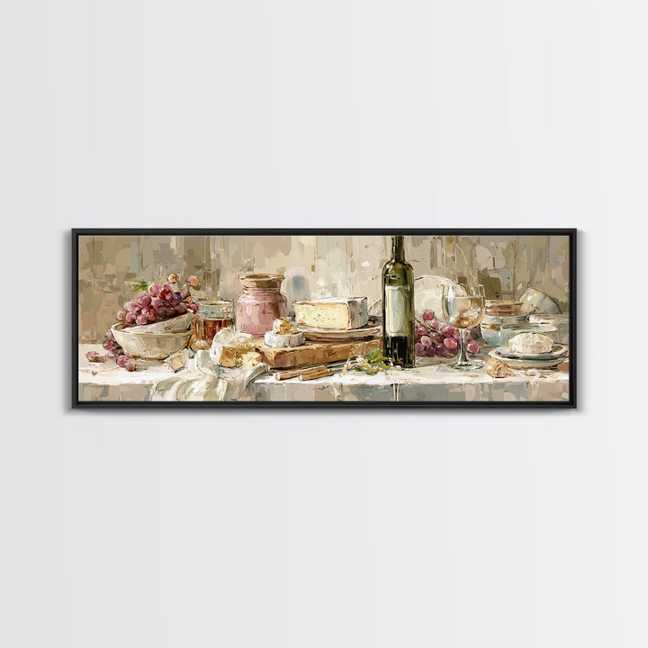 Wine Bottle Grapes and Cheese Still Life Canvas Print, Kitchen Art, Kitchen Prints, Kitchen Decor, Watercolor Art, Kitchen, KIT-3x1-4