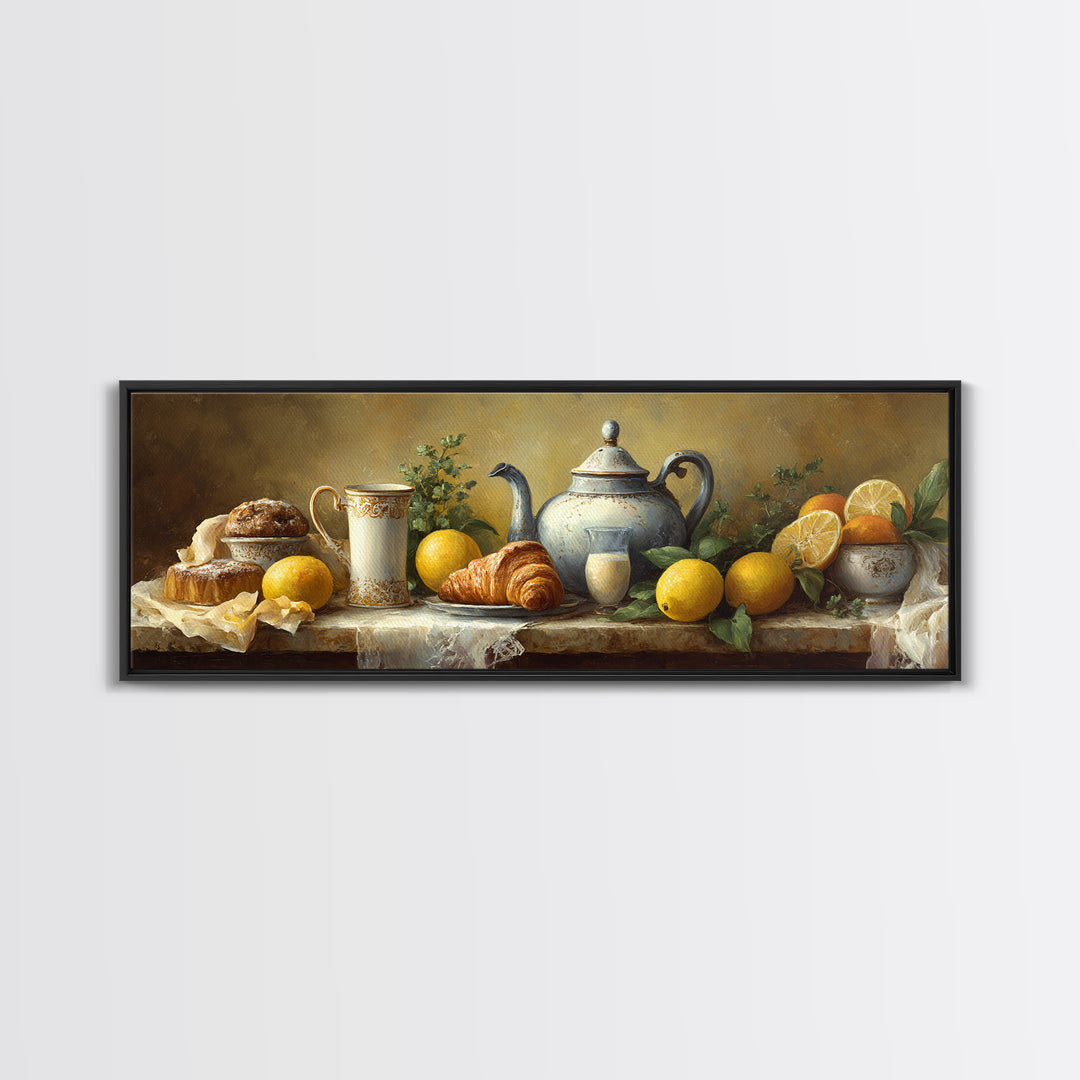 Coffee Pot and Croissant Morning Still Life Framed Canvas Print, Kitchen Art, Kitchen, Kitchen Decor, Oil Painting, Kitchen, KIT-3x1-47
