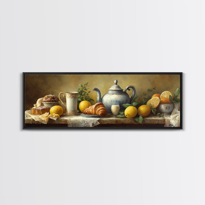 Coffee Pot and Croissant Morning Still Life Framed Canvas Print, Kitchen Art, Kitchen, Kitchen Decor, Oil Painting, Kitchen, KIT-3x1-47