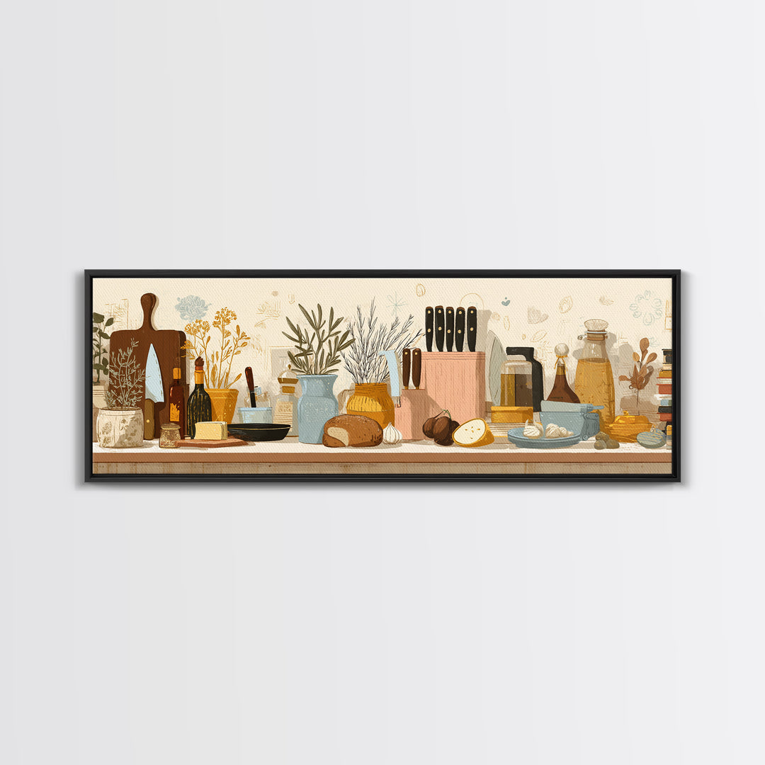 Chef Knives and Herbs Arranged as Graphic Canvas Print, Kitchen Art, Art Deco, Kitchen Decor, Watercolor Art, Kitchen, KIT-3x1-50