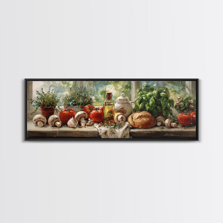 Mushrooms and Thyme Botanical Study Framed Canvas Print, Kitchen Art, Contemporary Art, Kitchen Decor, Oil Painting, Kitchen, KIT-3x1-55