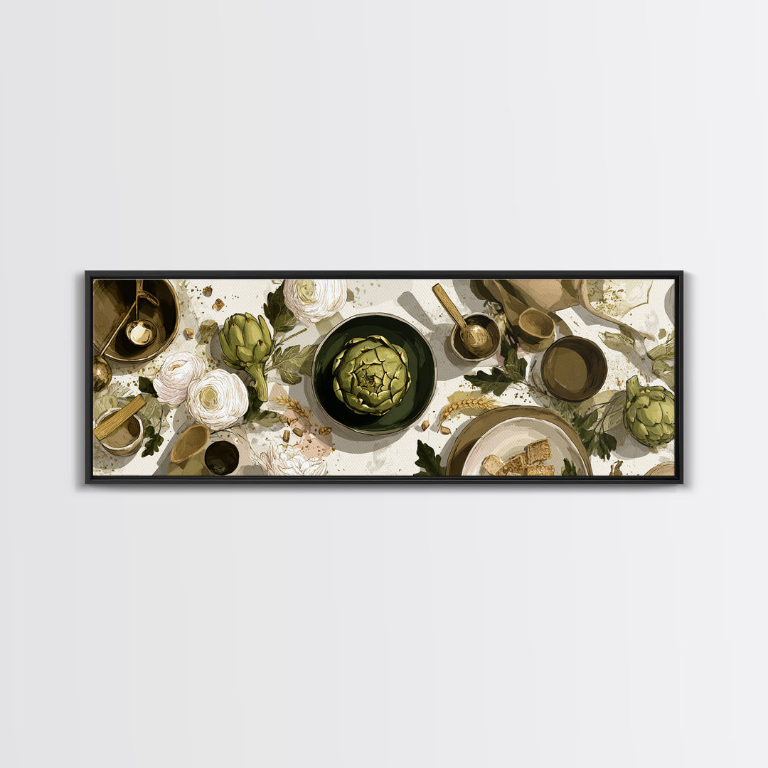Artichoke Closeup in Painterly Green Tones Framed Canvas Print, Kitchen Art, Boho Decor, Kitchen Decor, Fine Art, Kitchen, KIT-3x1-60