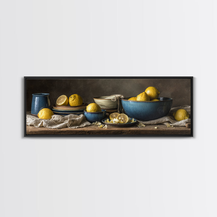 Lemons and Blue Ceramic Bowl Still Life Canvas Print, Kitchen Art, Printable Art, Kitchen Decor, Kitchen, Coffee Wall Art, KIT-3x1-66