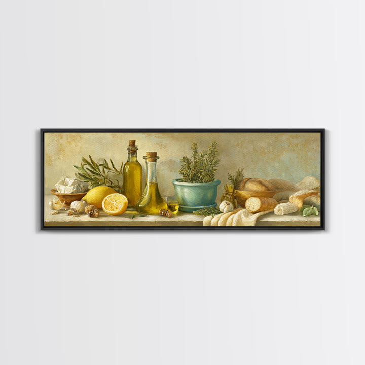 Olive Oil Bottle and Rosemary Branch Framed Canvas Print, Kitchen Art, Trendy Wall Art, Kitchen Decor, Fine Art, Kitchen, KIT-3x1-69