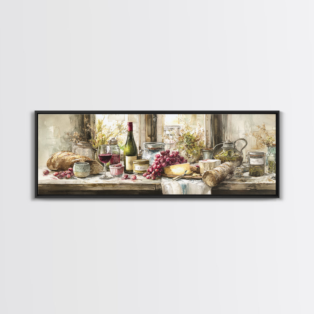 Wine Bottle Grapes and Cheese Still Life Canvas Print, Kitchen Art, Home Decor, Kitchen Decor, Fine Art, Kitchen, Digital Print, KIT-3x1-76