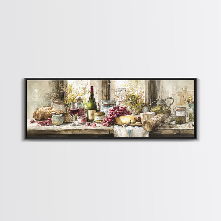Wine Bottle Grapes and Cheese Still Life Canvas Print, Kitchen Art, Home Decor, Kitchen Decor, Fine Art, Kitchen, Digital Print, KIT-3x1-76