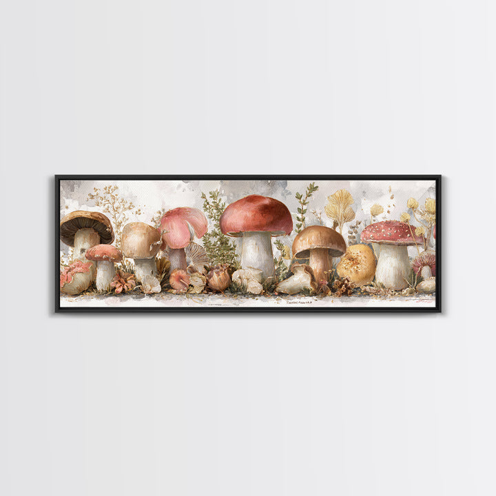 Mushrooms and Thyme Botanical Study Framed Canvas Print, Kitchen Art, Art Deco, Kitchen Decor, Watercolor Art, Kitchen, KIT-3x1-79