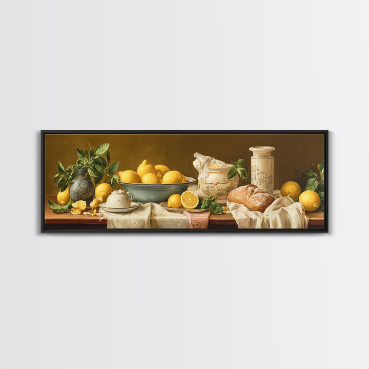 Pasta Lemons and Basil Mediterranean Still Life Framed Canvas Print, Kitchen Art, Coffee Art, Kitchen Decor, Fine Art, Kitchen, KIT-3x1-81