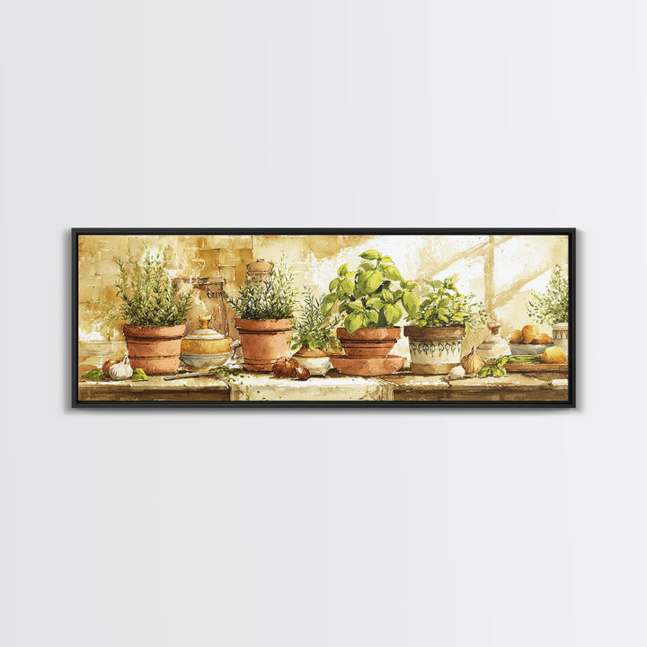 Fresh Herbs in Terracotta Pots Framed Canvas Print, Kitchen Art, Kitchen Art Print, Kitchen Decor, Oil Painting, Kitchen, KIT-3x1-89