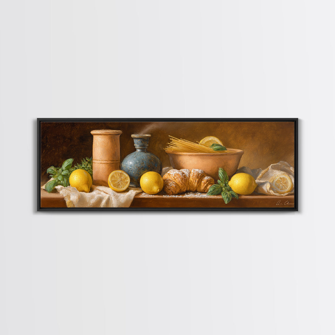 Pasta Lemons and Basil Mediterranean Still Life Framed Canvas Print, Kitchen Art, Digital Wall Art, Kitchen Decor, Kitchen, KIT-3x1-9