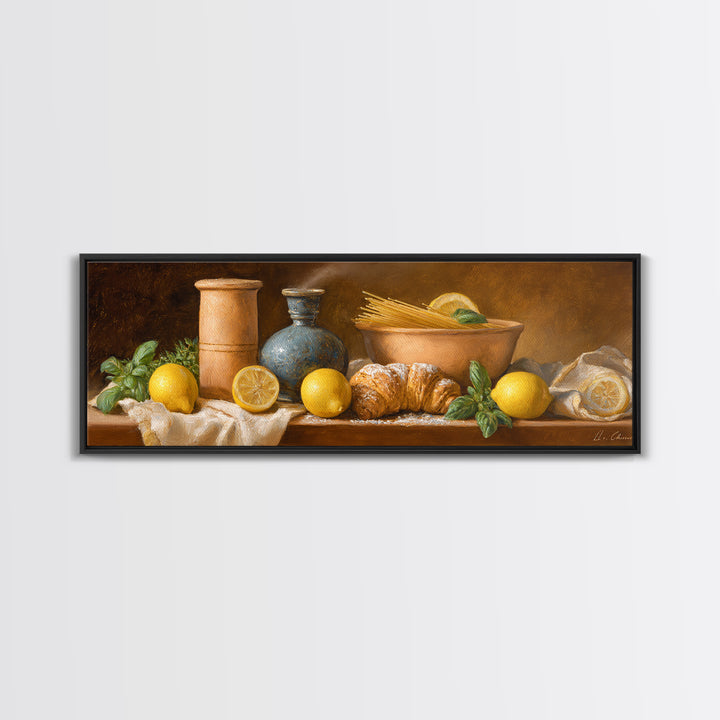 Pasta Lemons and Basil Mediterranean Still Life Framed Canvas Print, Kitchen Art, Digital Wall Art, Kitchen Decor, Kitchen, KIT-3x1-9