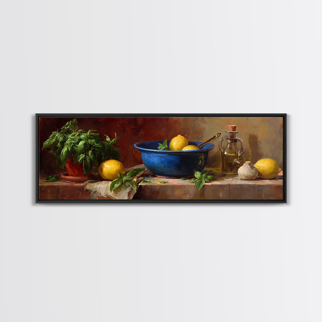 Lemons and Blue Ceramic Bowl Still Life Framed Canvas Print, Kitchen Art, Minimalist Wall Art, Kitchen Decor, Fine Art, Kitchen, KIT-3x1-90