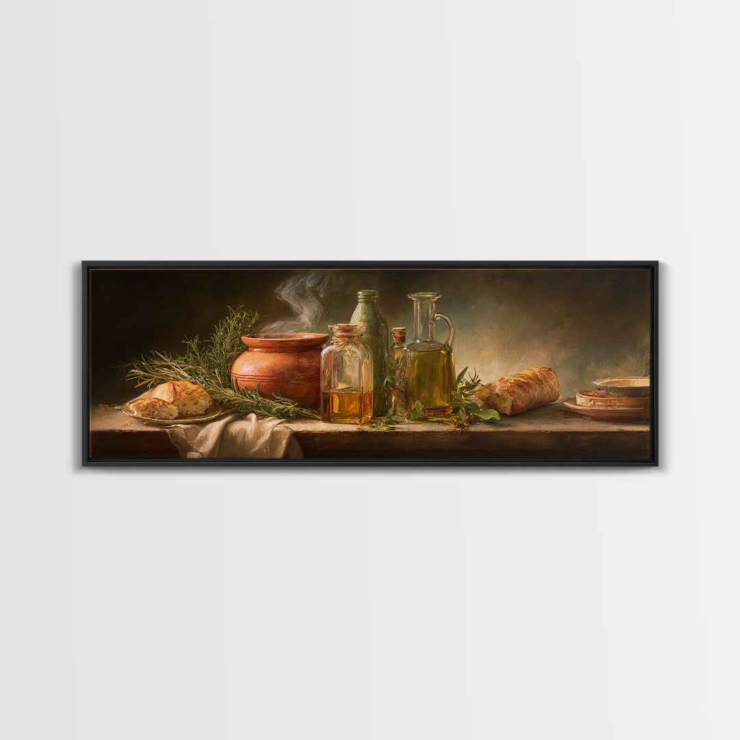 Olive Oil Bottle and Rosemary Branch Canvas Print, Kitchen Art, Bar Cart Decor, Kitchen Decor, Oil Painting, Kitchen, KIT-3x1-93
