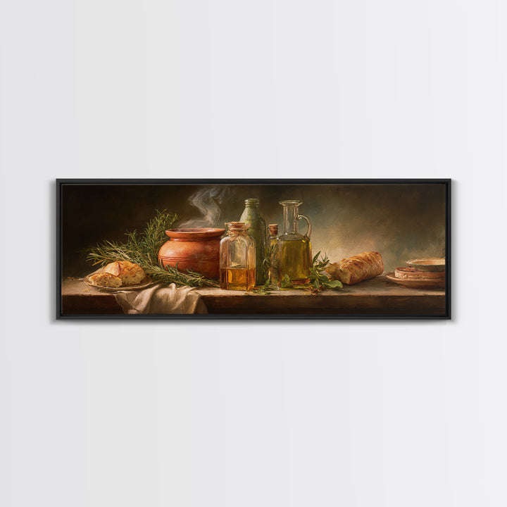Olive Oil Bottle and Rosemary Branch Canvas Print, Kitchen Art, Bar Cart Decor, Kitchen Decor, Oil Painting, Kitchen, KIT-3x1-93