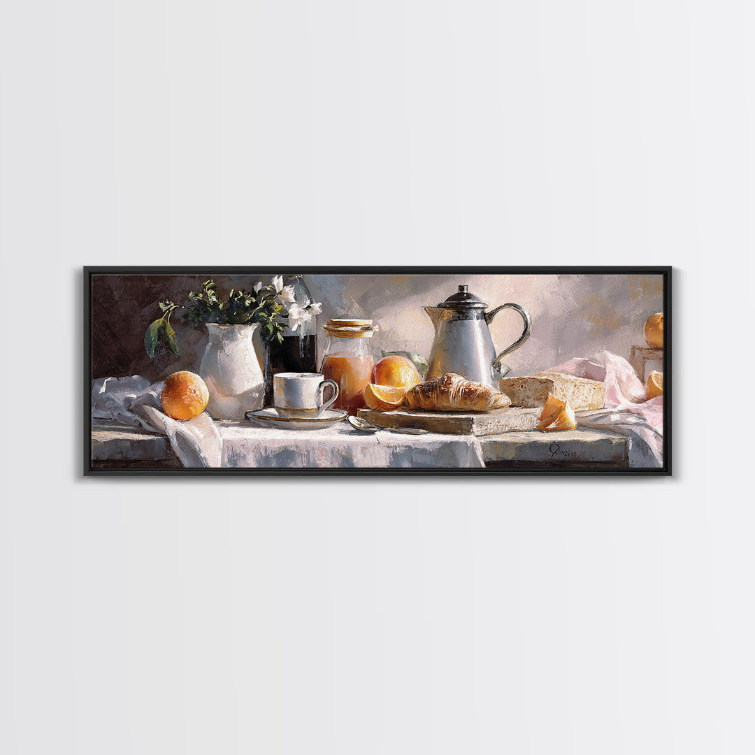 Coffee Pot and Croissant Morning Still Life Canvas Print, Kitchen Art, Textured Painting, Kitchen Decor, Oil Painting, Kitchen, KIT-3x1-95