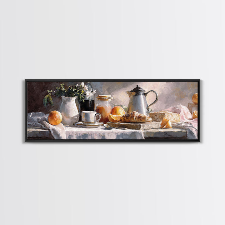Coffee Pot and Croissant Morning Still Life Canvas Print, Kitchen Art, Textured Painting, Kitchen Decor, Oil Painting, Kitchen, KIT-3x1-95